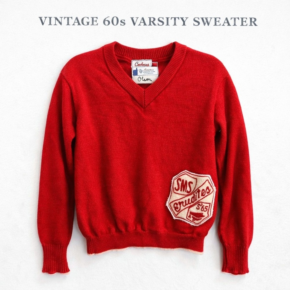 Vintage 60s 100% Virgin Wool Varsity Sweater Red V Neck‎ Campus Classics Olson